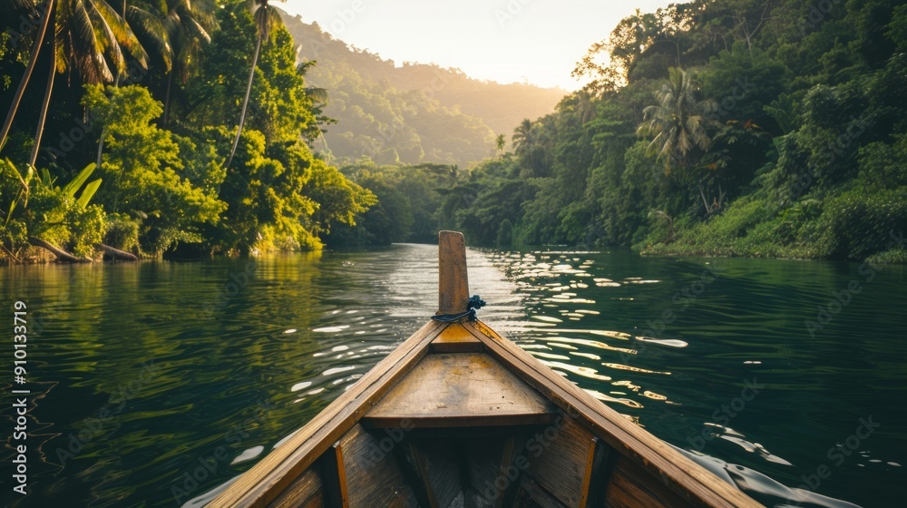 Fototapeta premium canoe on a lake surrounded by forest on a sunrise
