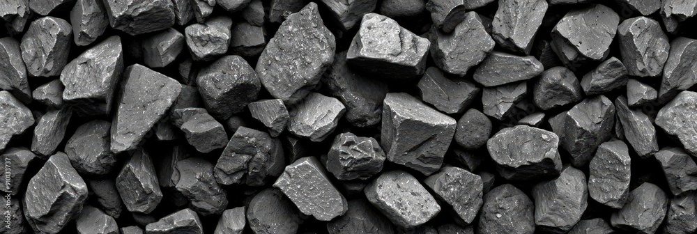 Rough black coal pieces are densely stacked, showcasing their uneven surfaces and varied shapes, under a muted light