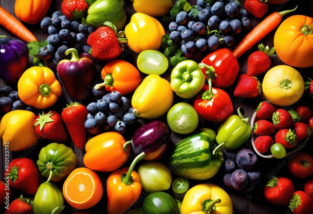 vibrant aerial showcase fresh seasonal fruits vegetables colorful arrangement, berries, broccoli, carrots, cherries, citrus, cucumbers, design, eggplants