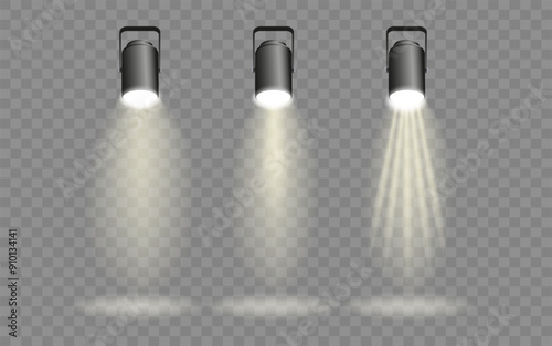 Spotlights set, stage and studio light, realistic hanging lamps. Spot lights and searchlights for concert. Vector