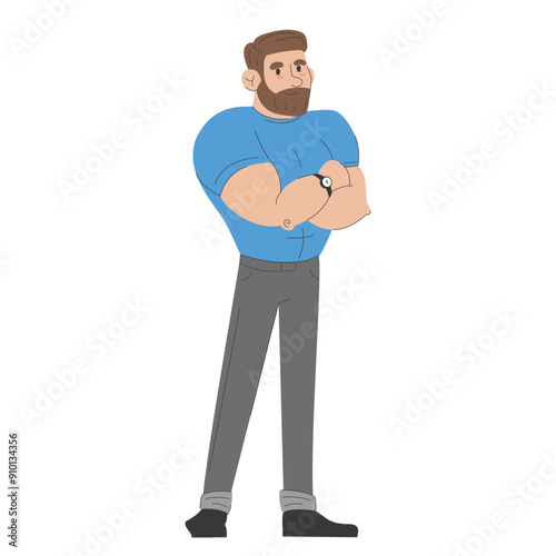 Handsome strong man with beard standing vector isolated. Muscular male character standing with crossed arms. Athlete, healthy body.
