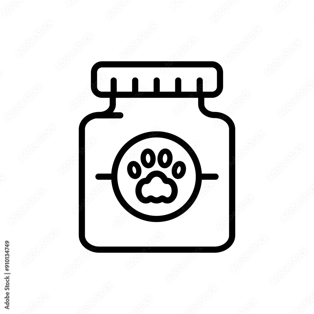 Pets medicine bottle with pills outline icon. Container with pets vitamins. Prescription medicine for animal. Vector Illustration isolated on white background Pets medicine bottle with pills outline icon. Container with pets vitamins. Prescription medicine for animal. Vector Illustration isolated on white background