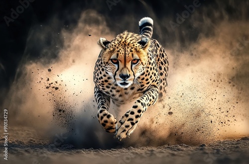 A cheetah running at full speed, leaving behind a trail of dust and debris.  photo