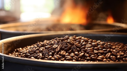 Freshly roasted coffee beans with steam.