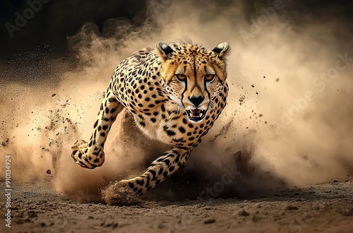A cheetah running at full speed, leaving behind a trail of dust and debris. 