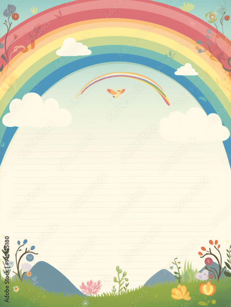 Blank lined paper with rainbow, clouds, flowers and a bird. Blank lined paper with rainbow, clouds, flowers and a bird.