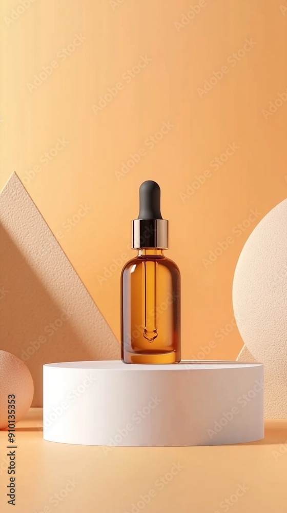 Elegant amber glass dropper bottle on white pedestal, surrounded by geometric shapes casting soft shadows in warm, peachy tones. Minimalist beauty. Elegant amber glass dropper bottle on white pedestal, surrounded by geometric shapes casting soft shadows in warm, peachy tones. Minimalist beauty.