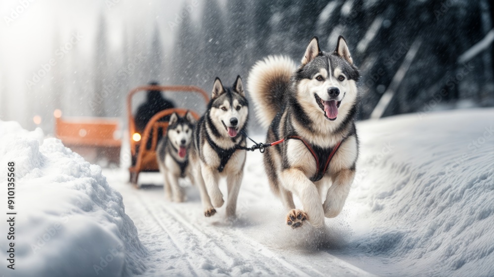 Two sled dogs running in the snow. One dog is pulling the other two. They are wearing collars. Two sled dogs running in the snow. One dog is pulling the other two. They are wearing collars.