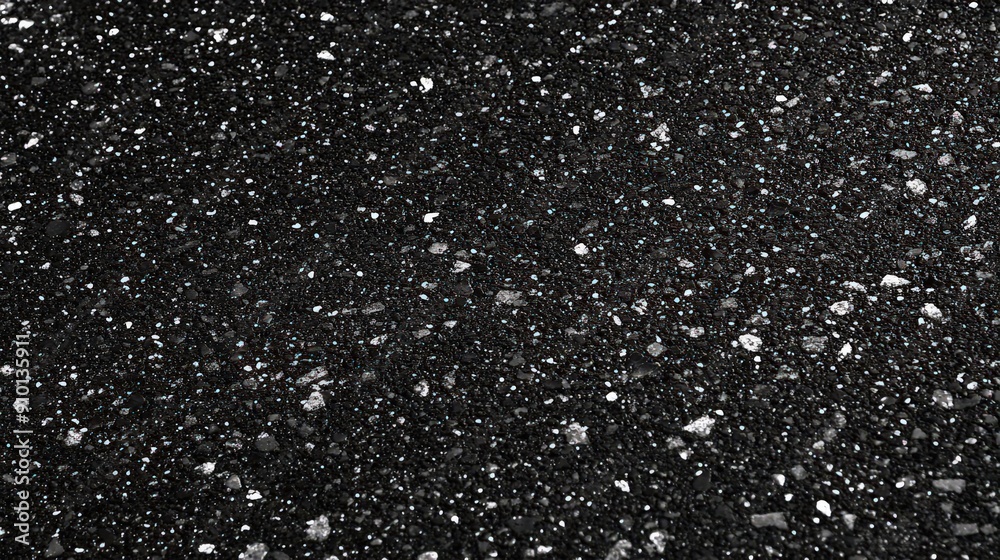 A textured black asphalt surface showcases scattered gravel particles reflecting natural light, creating an intriguing visual display A textured black asphalt surface showcases scattered gravel particles reflecting natural light, creating an intriguing visual display
