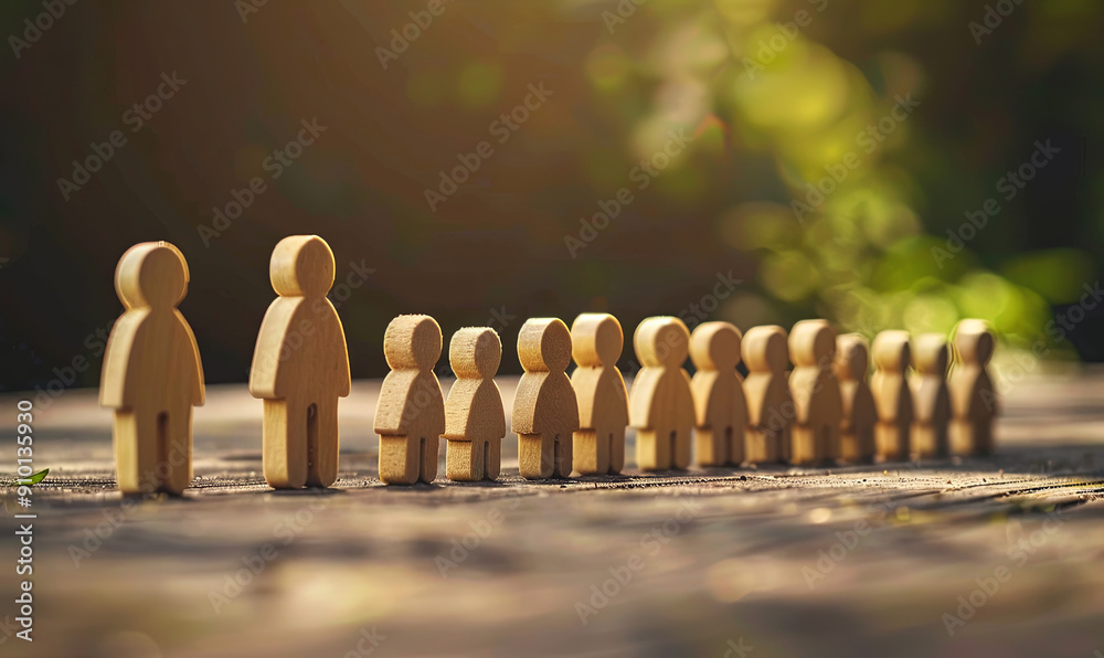 Male Female Wooden figurines in a row with group of children teamwork or groupthink concept Male Female Wooden figurines in a row with group of children teamwork or groupthink concept