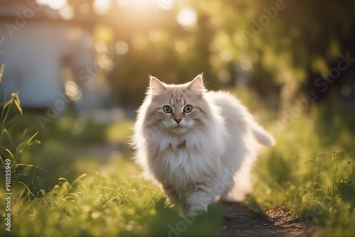 walking outdoors cat summer fluffy adorable animal background beautiful blue close closeup curious domestic eye felino funny fur highland kitten lilac looking mammal1 paw pet playful point portrait