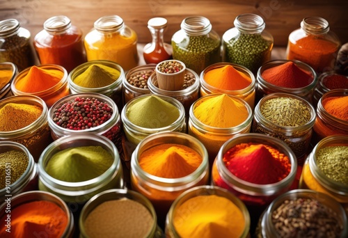 colorful display vibrant spices glass jars accompanied wooden scoops showcasing rich palette natural ingredients, herbs, seasoning, aromatic, flavor