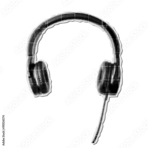 Trendy music paper collage element. Vintage halftone headphones. Modern retro grunge vector illustration on transparent background