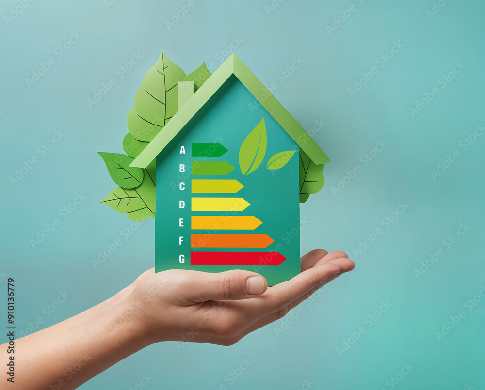 Naklejka premium Performances énergétiques, dpe, transition écologique, main tenant une maison basse consommation