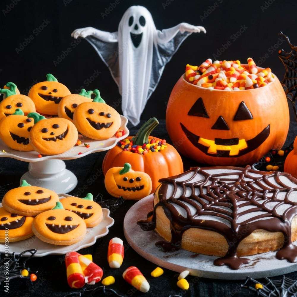 Halloween sweet and candies, desserts, cake, pie with decoration. Halloween sweet and candies, desserts, cake, pie with decoration.