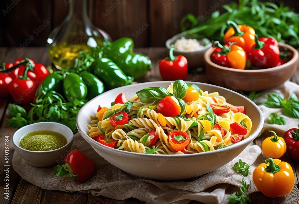 vibrant pasta dish generously topped fresh herbs colorful vegetables delightful culinary experience, meal, food, plate, ingredients, cooking, green vibrant pasta dish generously topped fresh herbs colorful vegetables delightful culinary experience, meal, food, plate, ingredients, cooking, green