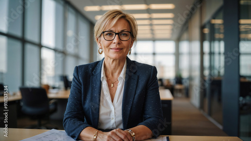 Donna di 50 anni che lavora come consulente finanziario in un ufficio moderno photo