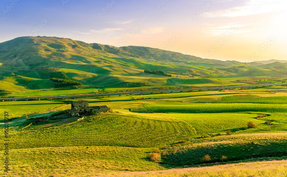 beautiful rural landscape of green spring or summer season valley with flowering green hills and meadow and nice scenic sunset on background beautiful rural landscape of green spring or summer season valley with flowering green hills and meadow and nice scenic sunset on background