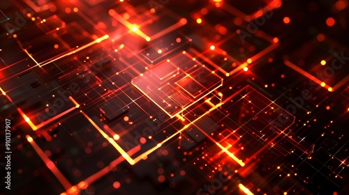 glowing red and orange geometric shapes arranged in a complex, abstract pattern, creating a futuristic, digital look with a strong sense of depth and energy.