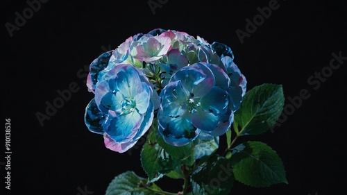 a photo of a single hydrangeaflower centered on a clea background