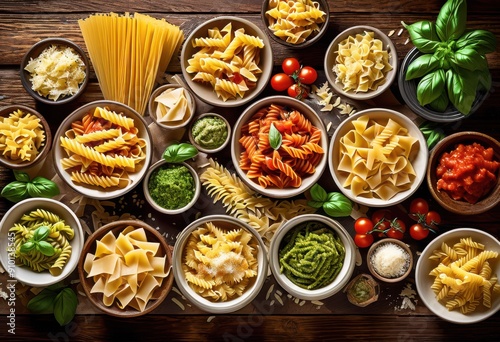 colorful vibrant arrangement various pasta types rich sauces inviting culinary display, food, meal, ingredients, spaghetti, penne, fettuccine, rigatoni