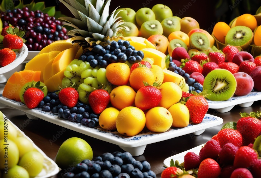 vibrant assortment fresh fruit artistically arranged elegant serving trays eye catching presentation, arrangement, display, style, design, platter vibrant assortment fresh fruit artistically arranged elegant serving trays eye catching presentation, arrangement, display, style, design, platter
