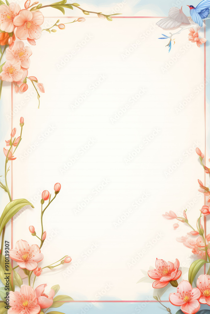 White background with pink flower border and a bird. White background with pink flower border and a bird.