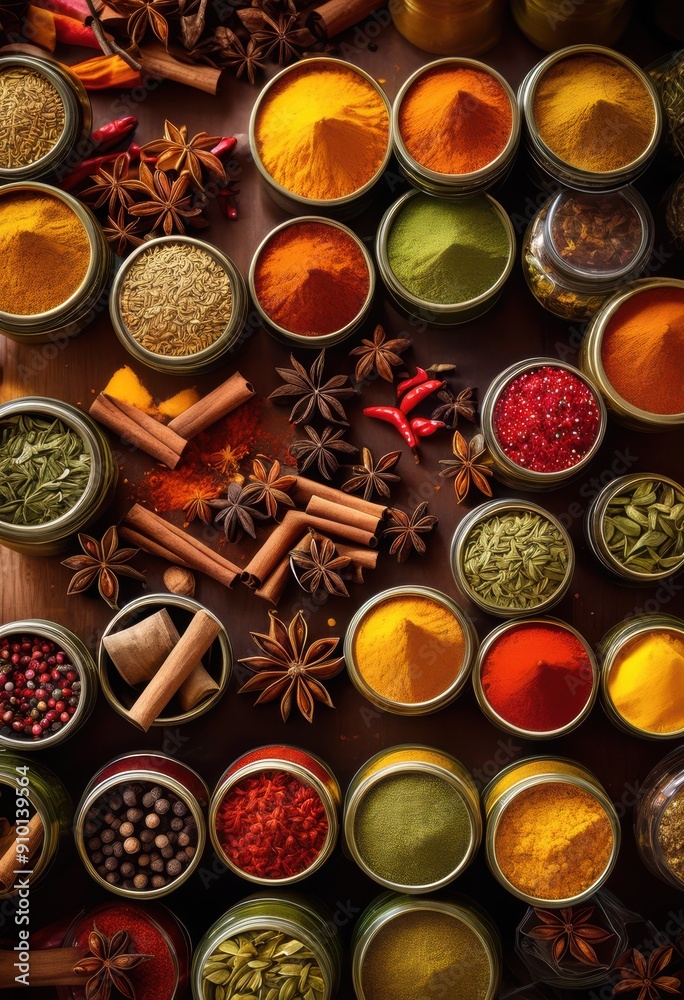 creative arrangement vibrant spice containers showcasing colorful collection organized layout, jars, herbs, seasoning, bottles, kitchen, display creative arrangement vibrant spice containers showcasing colorful collection organized layout, jars, herbs, seasoning, bottles, kitchen, display