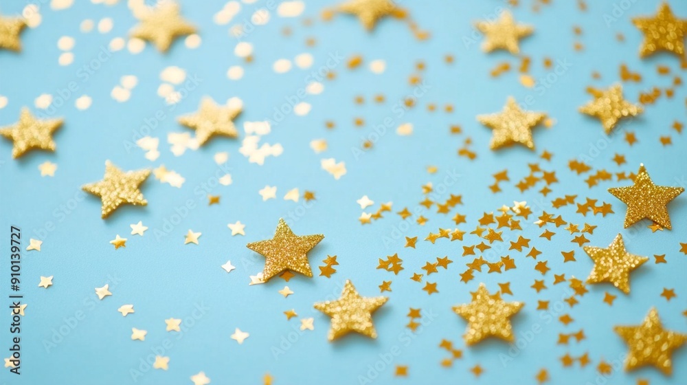 Festive golden star confetti scattered on light blue background, creating a magical and celebratory atmosphere for holiday or party designs. Festive golden star confetti scattered on light blue background, creating a magical and celebratory atmosphere for holiday or party designs.