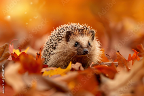 A cute hedgehog among fallen autumn leaves. The hedgehog is surrounded by bright orange, red and yellow foliage.