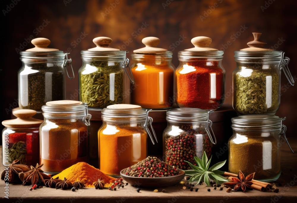 colorful artistic composition various spices herbs displayed elegant glass jars rustic wooden surface, aromatic, container, seasoning, basil, thyme colorful artistic composition various spices herbs displayed elegant glass jars rustic wooden surface, aromatic, container, seasoning, basil, thyme