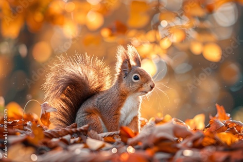 A cute squirrel searches for food among a blanket of colorful autumn leaves. The squirrel is surrounded by a rich tapestry of orange, red and yellow foliage.