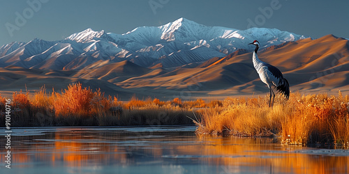 Stunning Wetland Landscape with Snow-Capped Mountains and Black-Necked Crane in a Serene Environment, Perfect for Nature-Inspired Design Backgrounds. Capture the Beauty of Wildlife and Natural Scenery photo