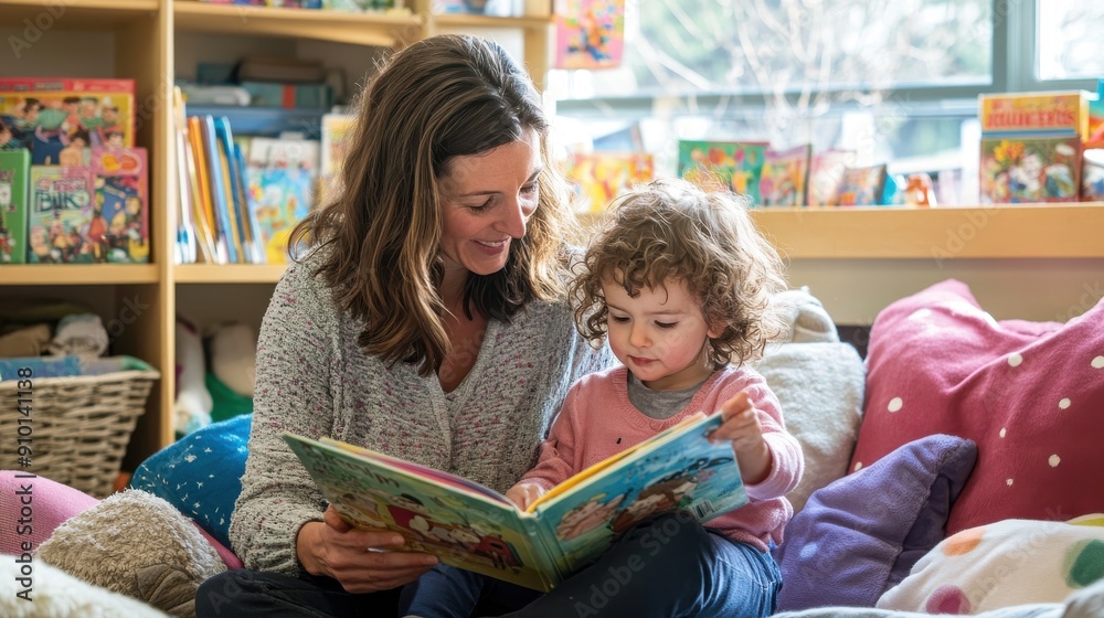 A heartwarming image of a teacher assisting a young student in a reading corner, the student holding a picture book, while the teacher points to the words, encouraging the child to read aloud, the A heartwarming image of a teacher assisting a young student in a reading corner, the student holding a picture book, while the teacher points to the words, encouraging the child to read aloud, the