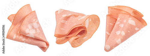 Mortadella sausage slices isolated on white background