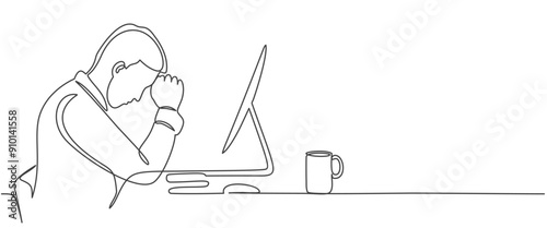 One single line drawing of young tired male employee stress on the work desk with computer. Work overload fatigue concept continuous line draw design vector illustration