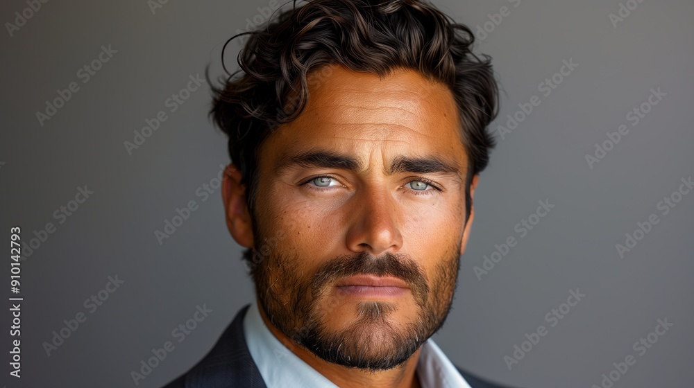 Handsome Man With Dark Curly Hair and Blue Eyes Posing for a Professional Portrait Against a Neutral Background