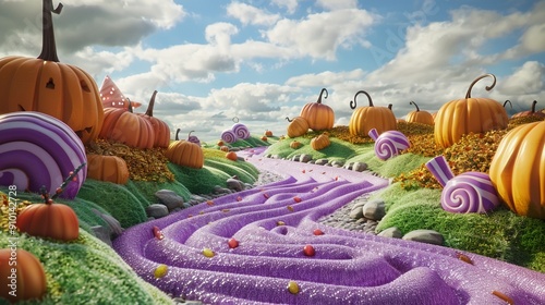 Whimsical autumn landscape with vibrant purple candy swirls and orange pumpkins under a cloudy sky, creating a surreal and enchanting harvest fantasy scene. photo