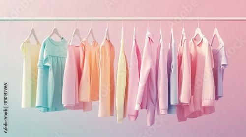 Pastel paradise: A row of soft-hued garments hanging neatly on white hangers against a gradient pink background, showcasing a dreamy spectrum of gentle colors.