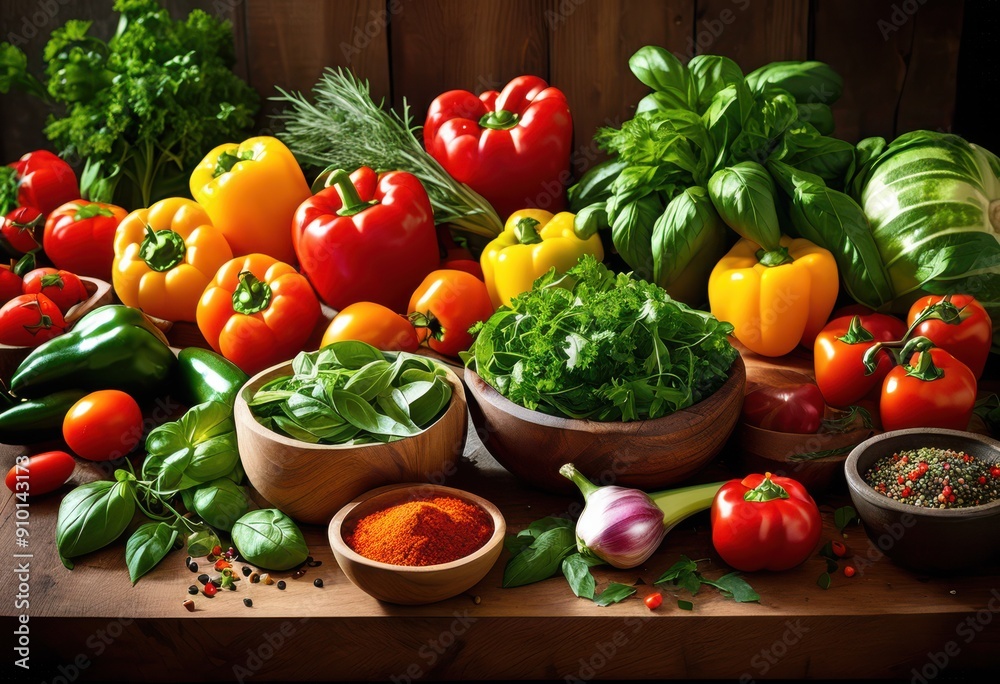 colorful display fresh ingredients wooden cutting board featuring spices ready culinary preparation, vegetables, herbs, garlic, onion, tomato, bell colorful display fresh ingredients wooden cutting board featuring spices ready culinary preparation, vegetables, herbs, garlic, onion, tomato, bell