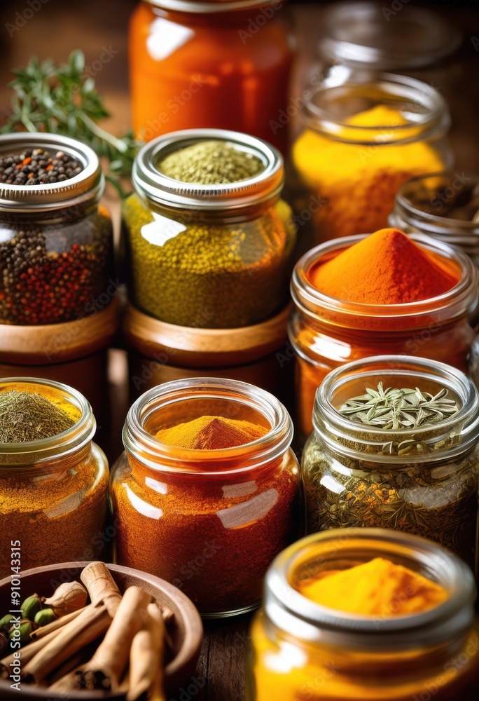 colorful display vibrant spices jars featuring variety mixed herbs culinary inspiration, aroma, aromatic, blend, blending, bottle, container, collection