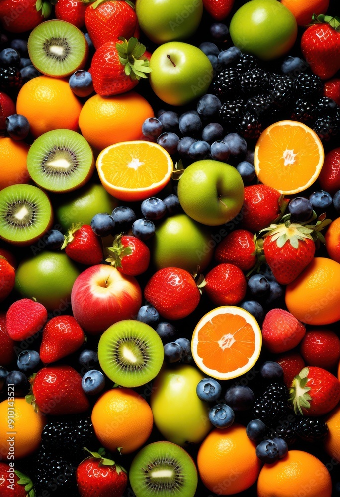 vibrant fruits arranged modern layout showcasing colorful variety freshness eye catching display, apples, oranges, bananas, grapes, berries, kiwi, mango