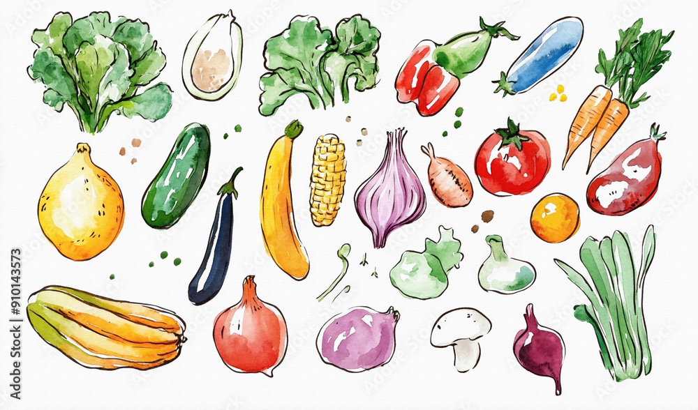 たくさんのおいしそうな野菜(かぼちゃ、トマト、なす、きゅうり、キャベツなど)の手描きで温かみのある水彩画風イラスト たくさんのおいしそうな野菜(かぼちゃ、トマト、なす、きゅうり、キャベツなど)の手描きで温かみのある水彩画風イラスト