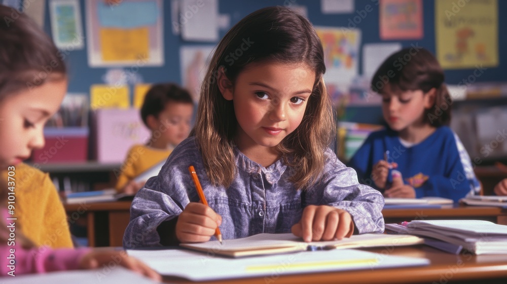 A classroom of young students engaged in a creative writing activity, notebooks and pencils in hand, a teacher encouraging imaginative thinking, the room decorated with colorful posters and student A classroom of young students engaged in a creative writing activity, notebooks and pencils in hand, a teacher encouraging imaginative thinking, the room decorated with colorful posters and student