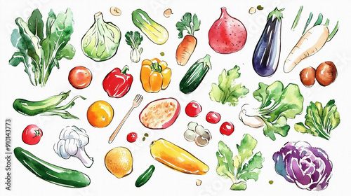 たくさんのおいしそうな野菜（かぼちゃ、トマト、なす、きゅうり、キャベツなど）の手描きで温かみのある水彩画風イラスト