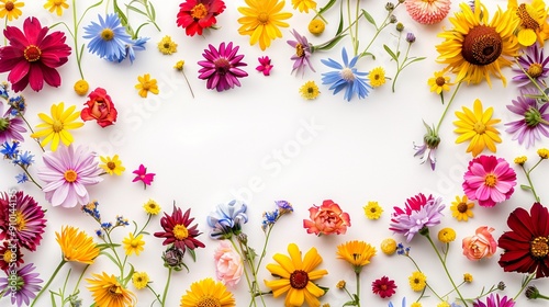 Vibrant array of colorful wildflowers arranged in a frame on white background, creating a cheerful and romantic botanical composition perfect for spring or summer designs. photo