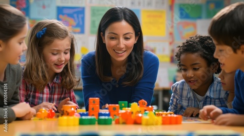 A group of elementary students participating in a hands-on math lesson, using manipulatives and interactive tools to solve problems, a teacher providing guidance and encouragement, the room filled