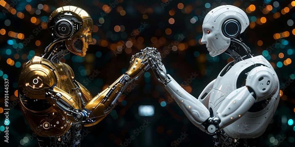 Fototapeta premium AI and Machine Learning Banner with Robot and Human Hands