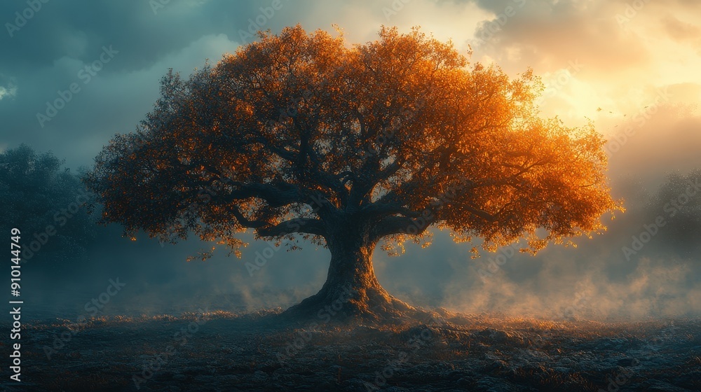 A large tree with vibrant autumn foliage stands alone, bathed in warm light as clouds gather in the dusk sky A large tree with vibrant autumn foliage stands alone, bathed in warm light as clouds gather in the dusk sky