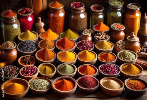 vibrant display colorful spices stylish containers showcasing rich variety textures shapes, herbs, jars, bowls, arrangements, seasonings, flavors, ingredients